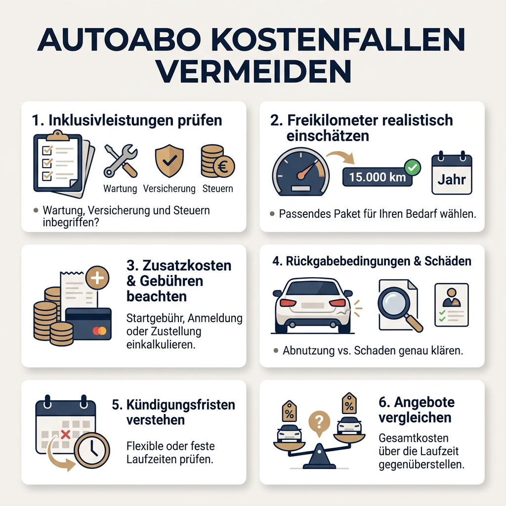 Infografik: Sechs wichtige Tipps, um Kostenfallen beim Autoabo zu vermeiden. Themen sind Inklusivleistungen, Freikilometer, Zusatzkosten, Rückgabebedingungen, Kündigungsfristen und Angebotsvergleich.