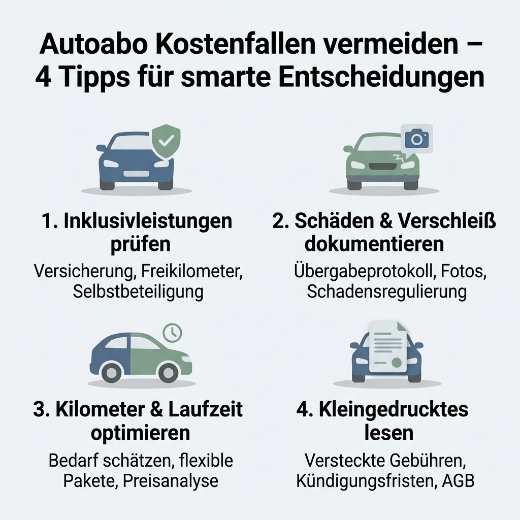 Infografik: Vier entscheidende Tipps, um Autoabo Kostenfallen zu vermeiden, darunter Inklusivleistungen prüfen, Schäden dokumentieren, Kilometerpakete optimieren und das Kleingedruckte lesen.