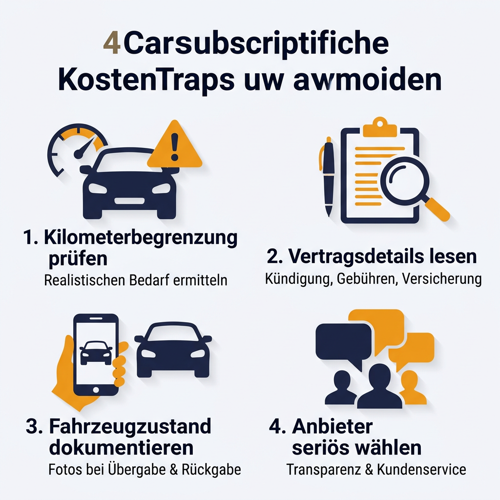Infografik: Vier Tipps zur Vermeidung von Kostenfallen bei Autoabos – Kilometerbegrenzung, Vertragsprüfung, Fahrzeugzustand dokumentieren, seriösen Anbieter wählen