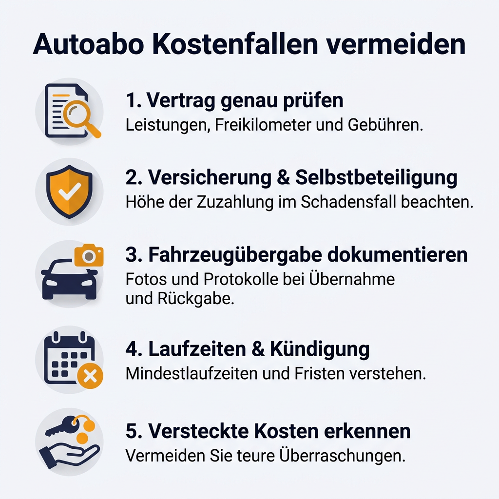 Infografik: Autoabo Kostenfallen vermeiden Infografik mit 5 Tipps zum Vermeiden von Autoabo Kostenfallen, inklusive Vertragsprüfung, Versicherungscheck, Dokumentation bei Übergabe und Beachtung von Laufzeiten.