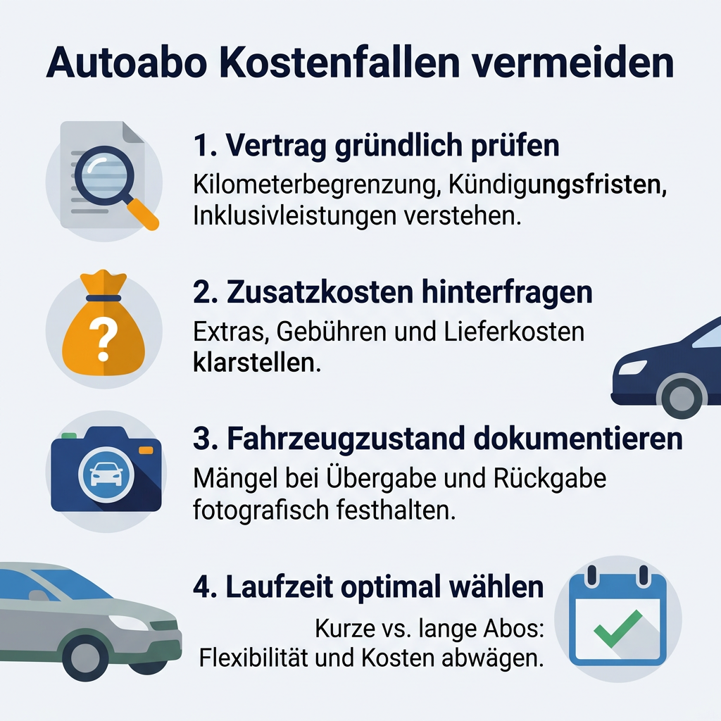 Infografik: So vermeiden Sie Autoabo Kostenfallen – Wichtige Tipps zur Vertragsprüfung, Zusatzkosten, Fahrzeugdokumentation und Laufzeitwahl für ein sparsames Auto-Abonnement.