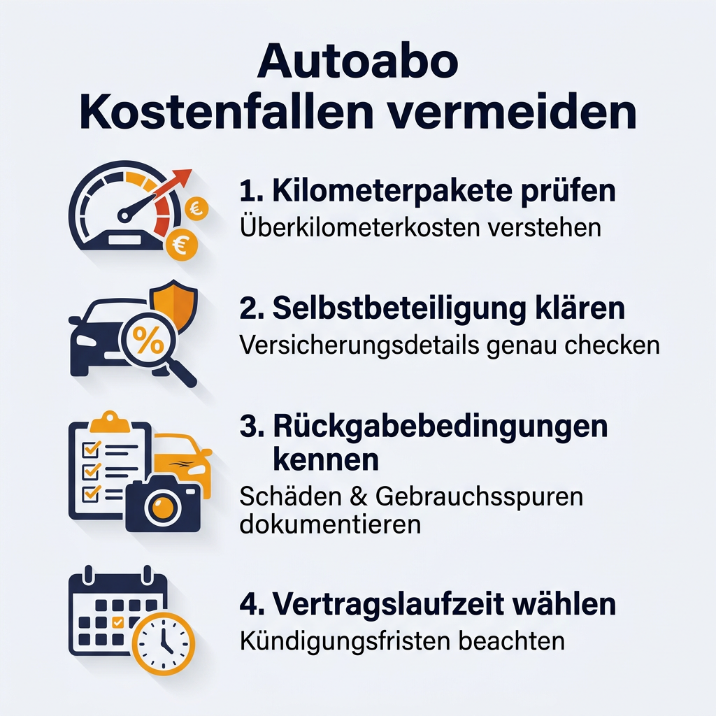 Infografik: Vier wichtige Tipps, um Autoabo Kostenfallen zu vermeiden, darunter Kilometerpakete, Selbstbeteiligung, Rückgabebedingungen und Vertragslaufzeiten.