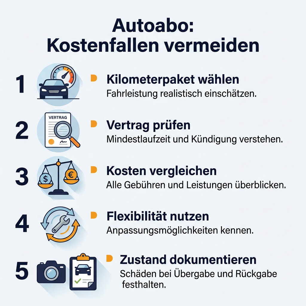 Infografik: Autoabo Kostenfallen vermeiden – Tipps für mehr Transparenz und Kosteneffizienz beim Autoabo