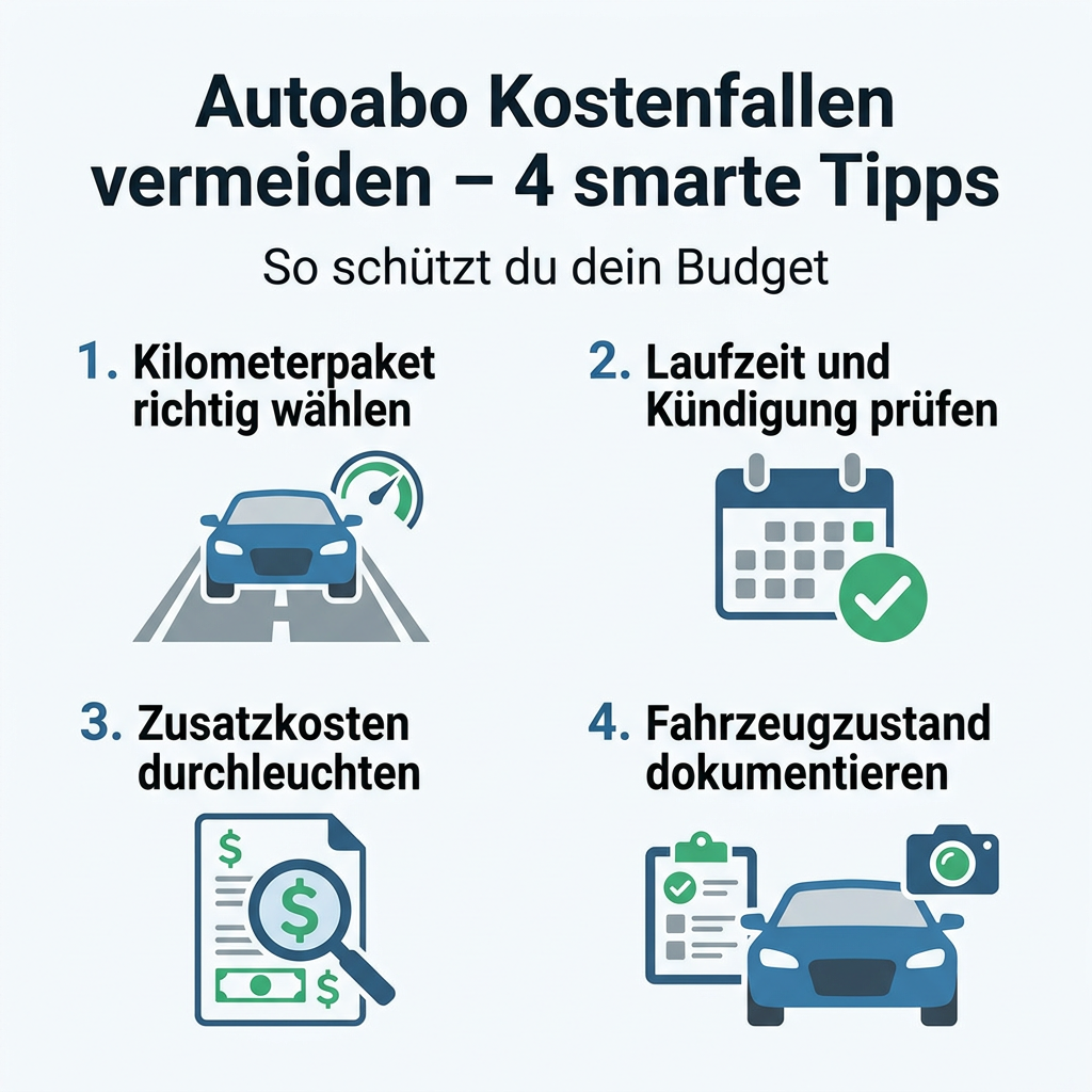 Infografik: 4 smarte Tipps, um Autoabo Kostenfallen zu vermeiden, inklusive Auswahl des richtigen Kilometerpakets, Prüfung von Laufzeit und Kündigung, Durchleuchten von Zusatzkosten und Dokumentation des Fahrzeugzustands.