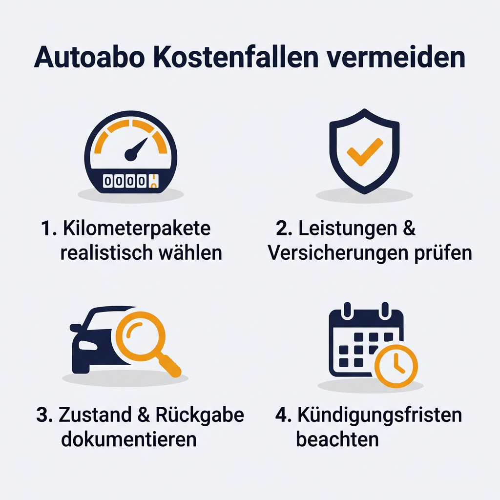 Infografik: So vermeidest du Autoabo Kostenfallen Infografik: Autoabo Kostenfallen vermeiden – Tipps zu Kilometerpaketen, Versicherungen, Fahrzeugzustand und Kündigungsfristen für ein günstiges Autoabo.