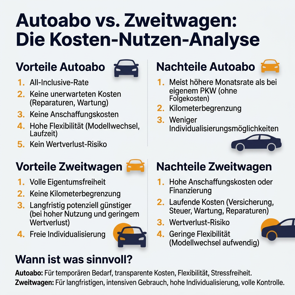 Infografik zum Vergleich von Autoabo und Zweitwagen, die Kosten, Flexibilität und Vorteile beider Mobilitätslösungen gegenüberstellt.