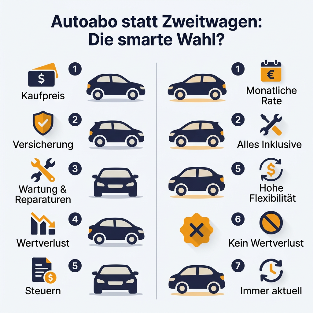 Infografik: Autoabo vs. Zweitwagen Vergleich Infografik Vergleich Autoabo und Zweitwagen Kosten Flexibilität, mit den Vorteilen des Autoabos