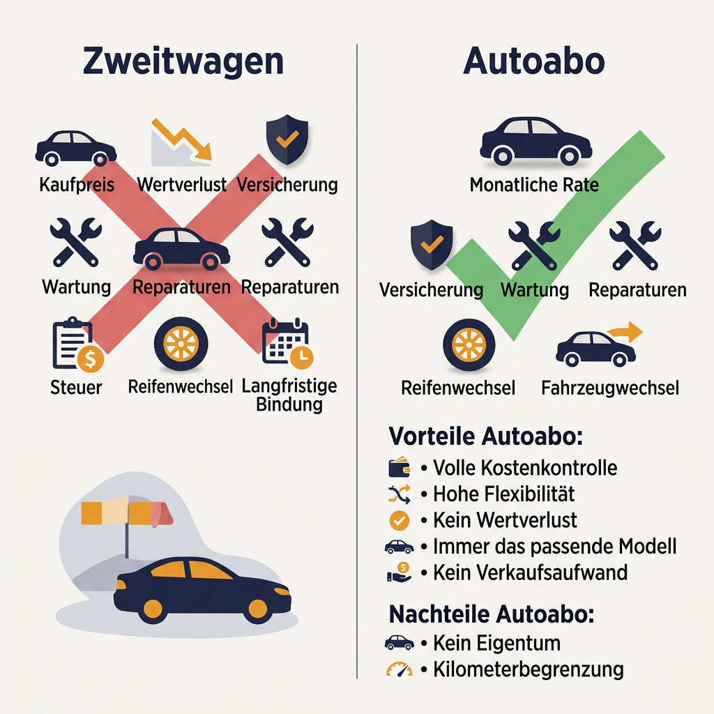 Infografik zum Vergleich Autoabo vs. Zweitwagen, die Kosten, Flexibilität und Vorteile des Autoabos hervorhebt.