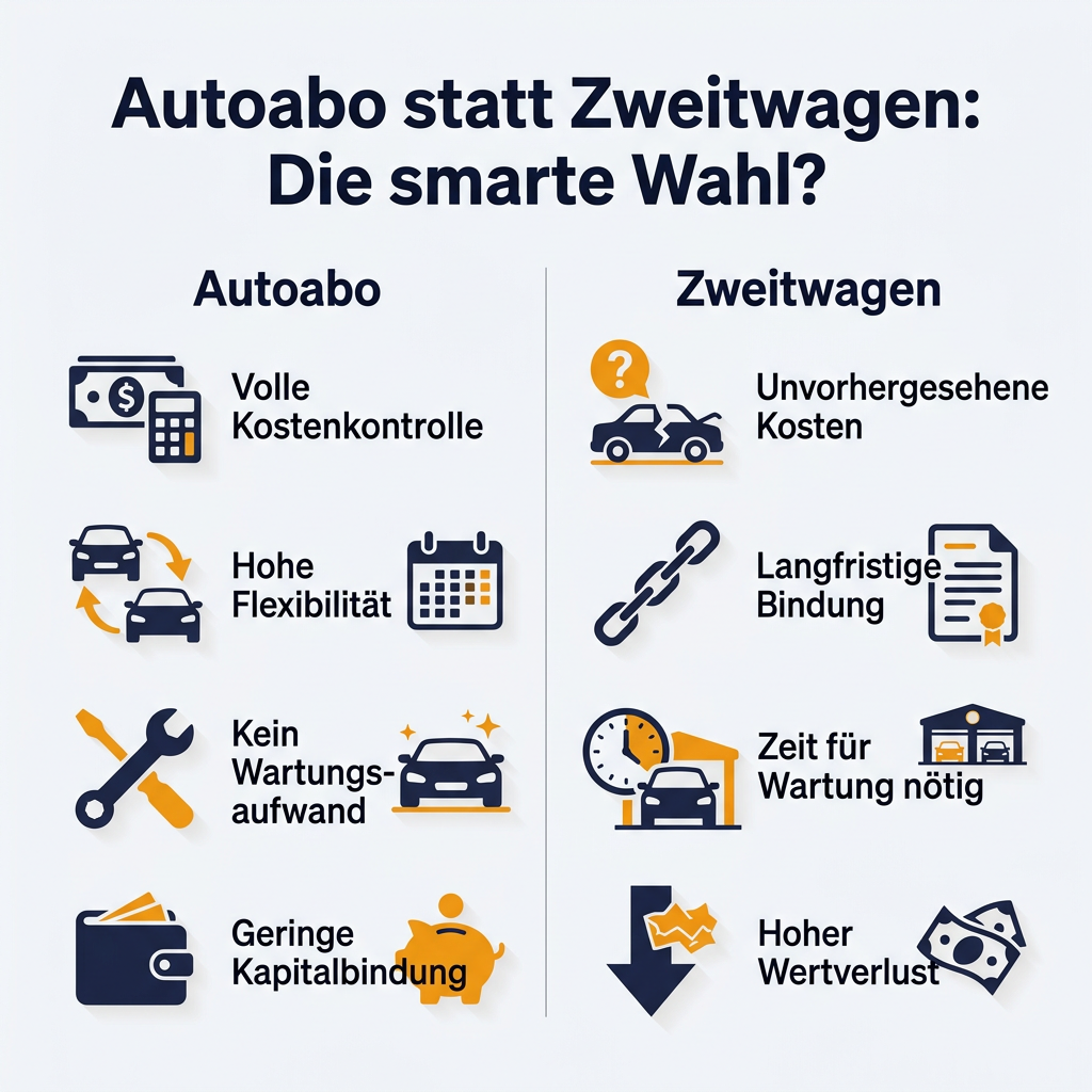 Infografik Vergleich: Autoabo Vorteile gegenüber dem Kauf eines Zweitwagens in Bezug auf Kosten, Flexibilität und Wartung.
