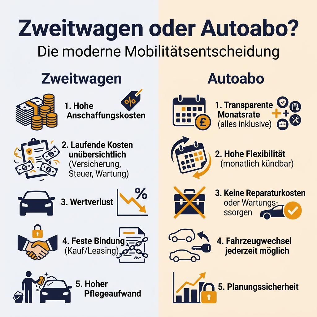 Infografik Vergleich: Zweitwagen vs. Autoabo. Übersicht über Kosten, Flexibilität, Wartung und Vorteile des Autoabos als Alternative zum Zweitwagen.