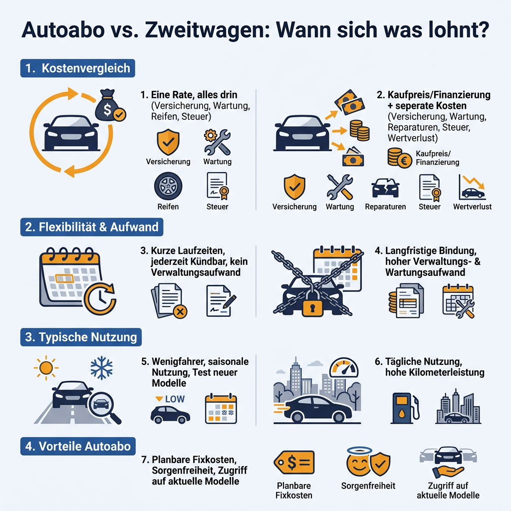 Infografik Vergleich Autoabo und Zweitwagen Kosten Flexibilität Nutzung