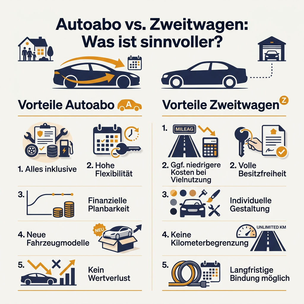 Infografik zum Vergleich von Autoabo und Zweitwagen, die Vorteile beider Mobilitätsoptionen detailliert darstellt.