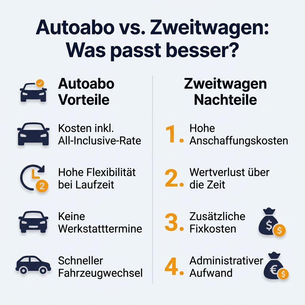 Infografik zum Vergleich von Autoabo und Zweitwagen, die Kosten, Flexibilität und Aufwand gegenüberstellt.