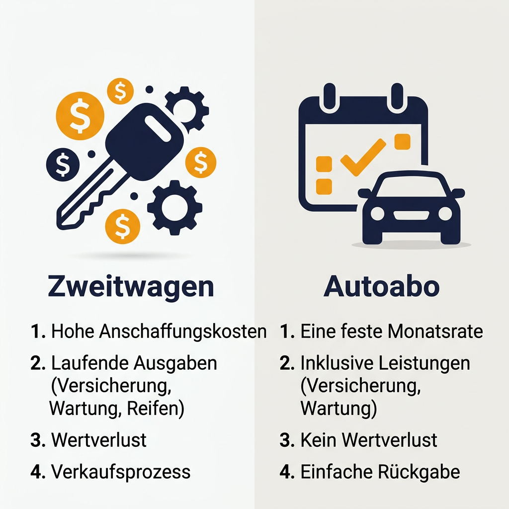 Infografik: Vergleich der Vorteile und Nachteile von Zweitwagen und Autoabo im Hinblick auf Kosten und Flexibilität.