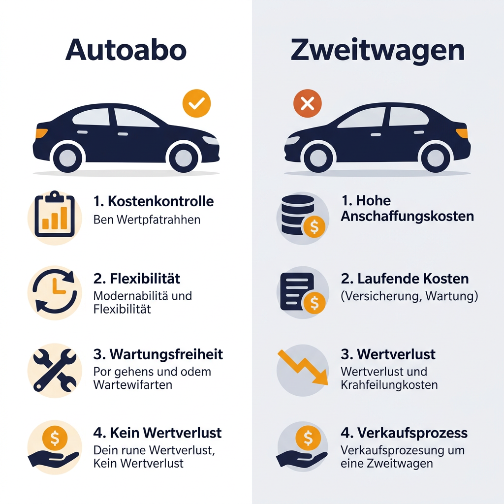 Infografik Vergleich Autoabo und Zweitwagen mit Vorteilen wie Kostenkontrolle und Nachteilen wie hoher Anschaffung beim Zweitwagen.