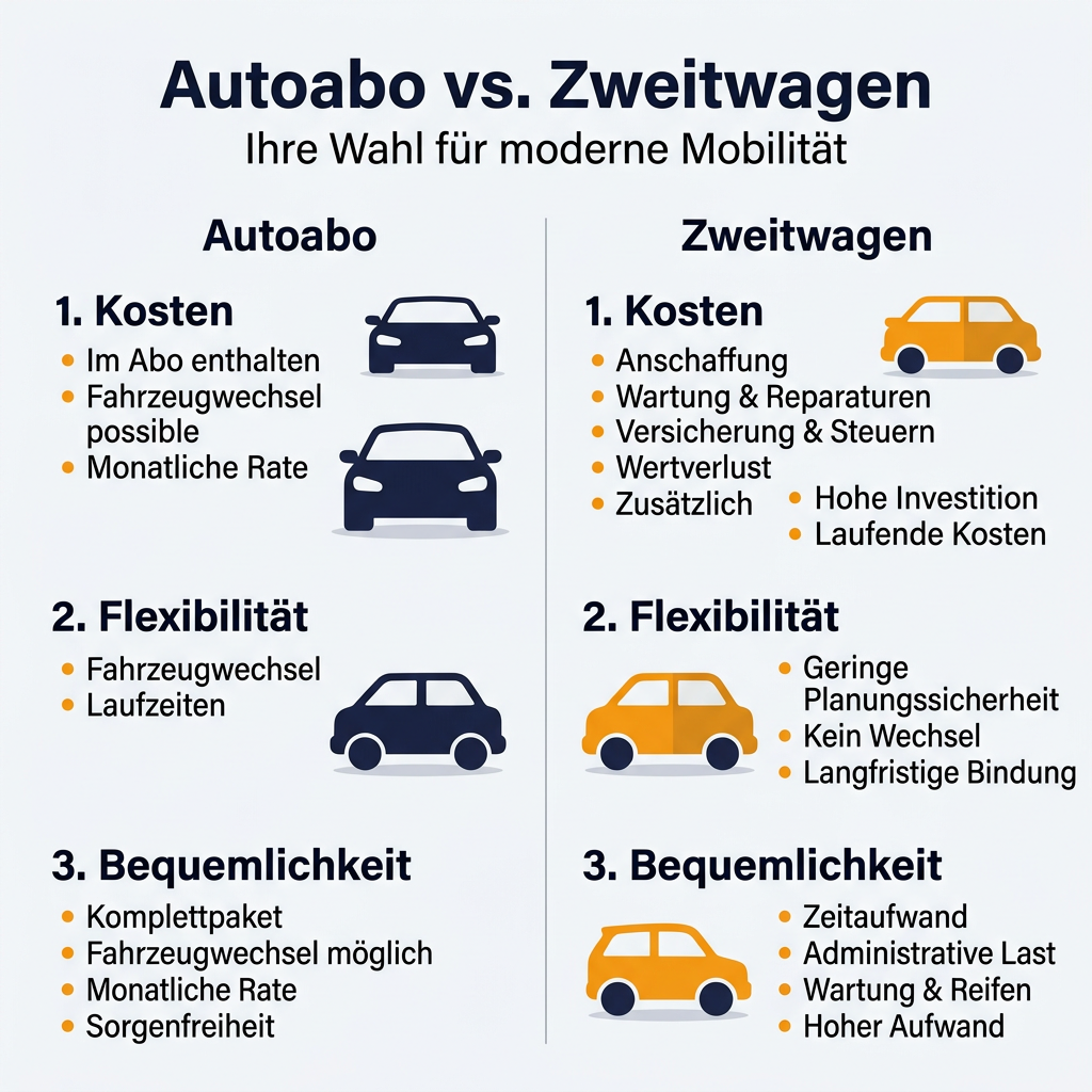 Infografik zum Vergleich von Autoabo und Zweitwagen, die Kosten, Flexibilität und Bequemlichkeit bei moderner Mobilität gegenüberstellt.