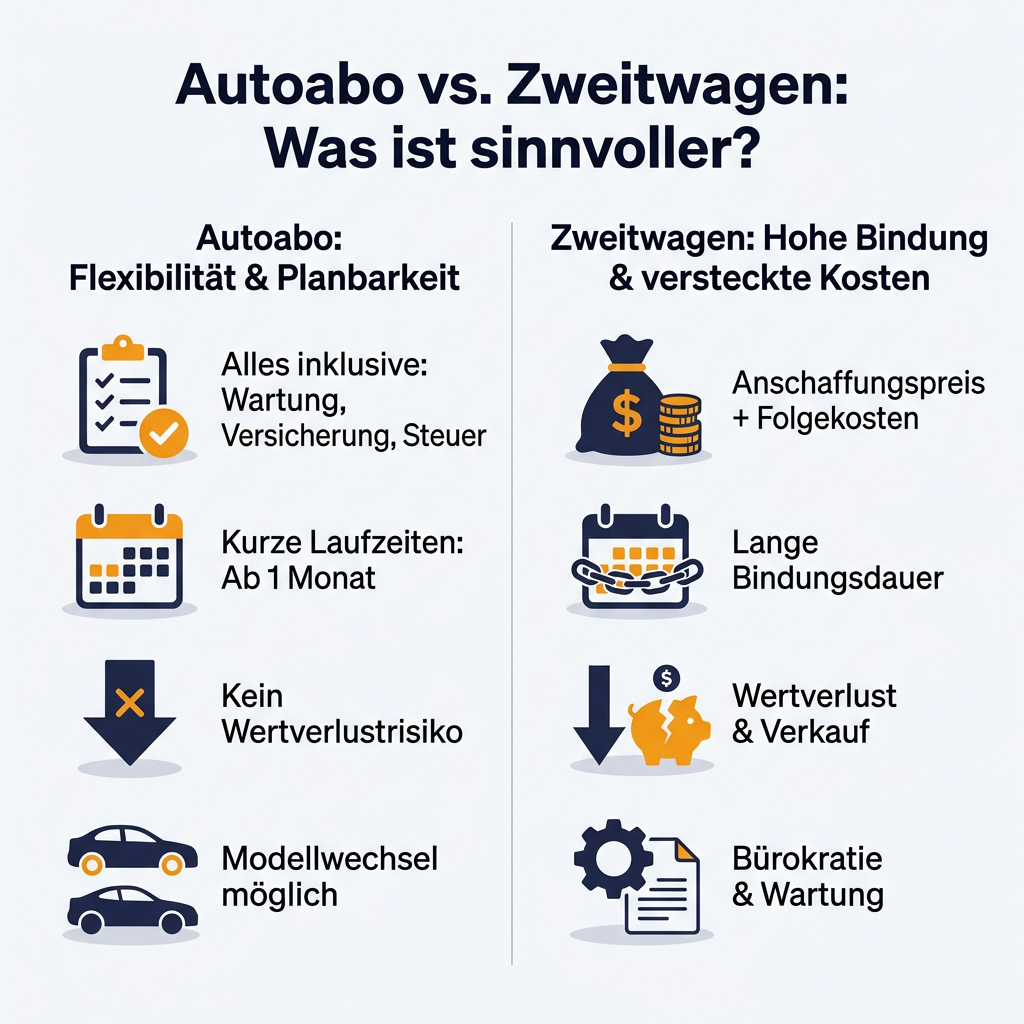 Infografik zum Vergleich von Autoabo und Zweitwagen, die Kosten, Flexibilität und den Aufwand gegenüberstellt.