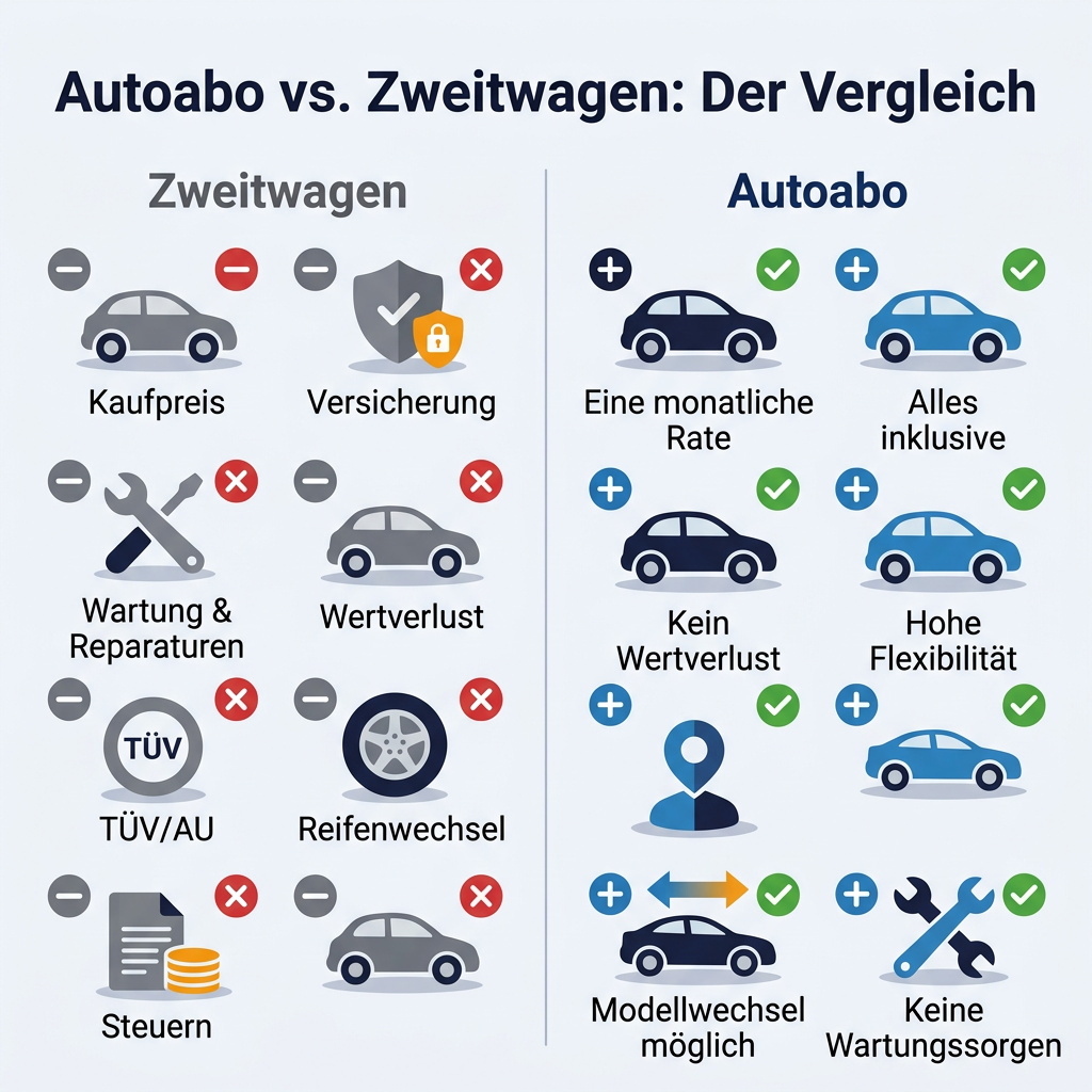 Infografik zum Vergleich von Autoabo und Zweitwagen, die Kosten, Flexibilität und Aufwand gegenüberstellt.
