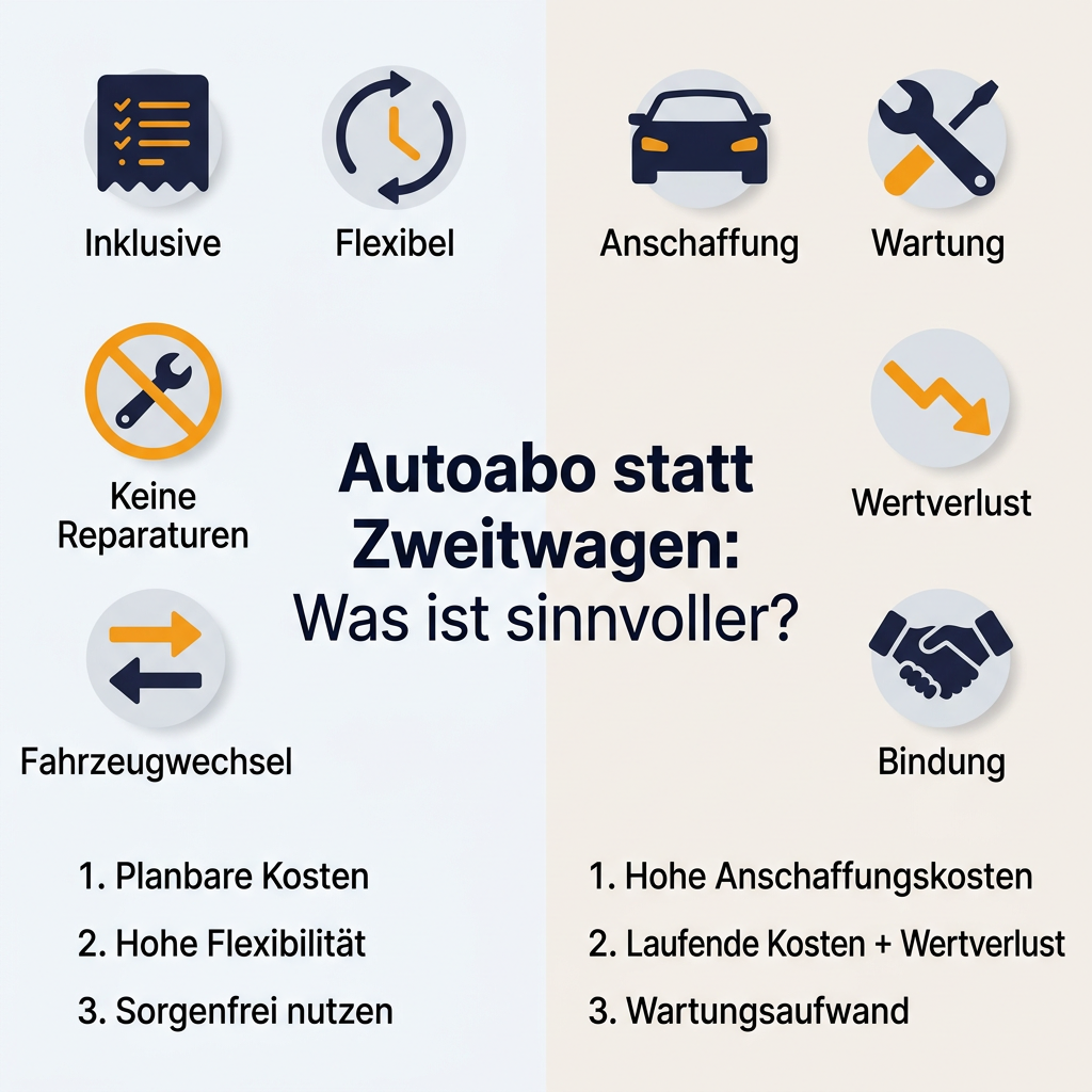 Infografik zum Vergleich Autoabo und Zweitwagen, Kosten, Flexibilität, Wartung und Vorteile der modernen Mobilitätskonzepte.