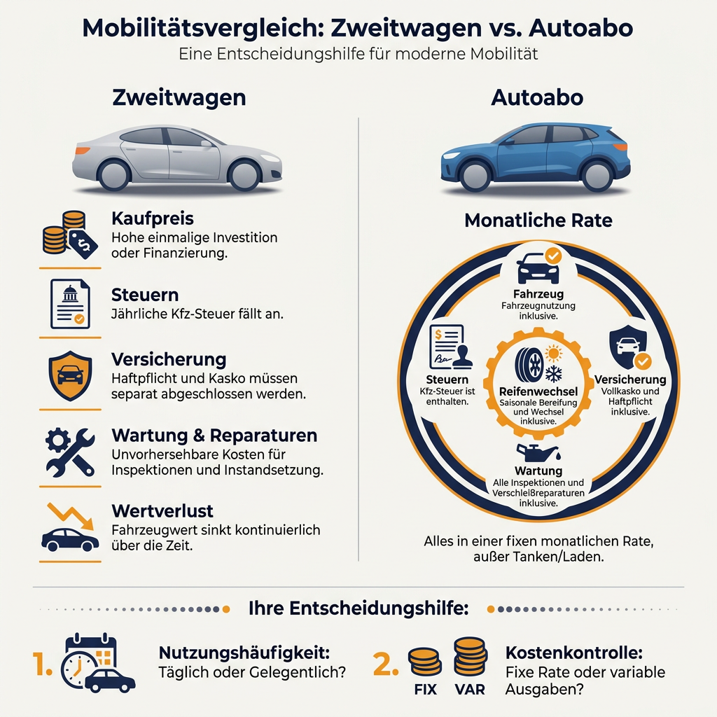 Infografik: Autoabo versus Zweitwagen – Kosten und Flexibilität Infografik Vergleich Autoabo und Zweitwagen Kosten und Vorteile