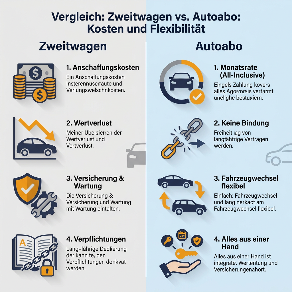 Autoabo im Vergleich zum Zweitwagen: Kosten und Flexibilität Infografik Vergleich: Autoabo vs. Zweitwagen. Darstellung von Kosten und Flexibilität der beiden Mobilitätsoptionen.