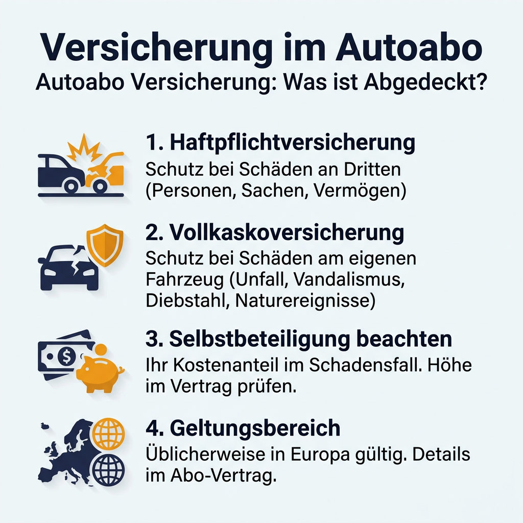 Infografik zur Autoabo Versicherung – Leistungsübersicht Infografik: Übersicht der Versicherung im Autoabo, inklusive Haftpflicht, Vollkasko, Selbstbeteiligung und Geltungsbereich.