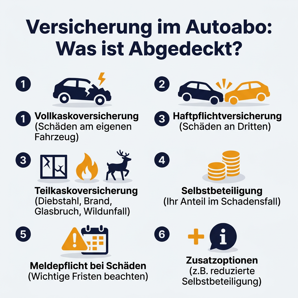 Infografik zur Autoabo-Versicherung: Deckungsumfang und wichtige Details Infografik: Übersicht über die verschiedenen Aspekte der Autoabo-Versicherung, einschließlich Vollkasko, Haftpflicht, Teilkasko, Selbstbeteiligung und Meldepflichten.
