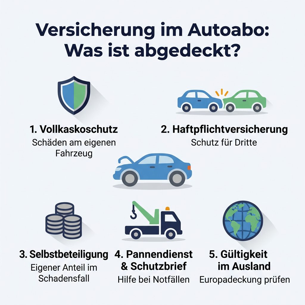 Infografik: Details der Autoabo Versicherung mit Vollkasko, Haftpflicht, Selbstbeteiligung, Pannendienst und Auslandsschutz