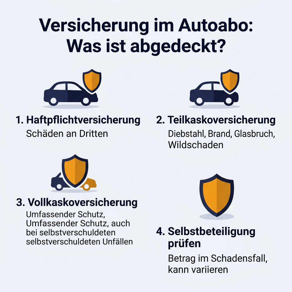 Infografik: Übersicht über die standardmäßigen Versicherungsleistungen im Autoabo, inklusive Haftpflicht, Teilkasko und Vollkasko sowie Hinweise zur Selbstbeteiligung.