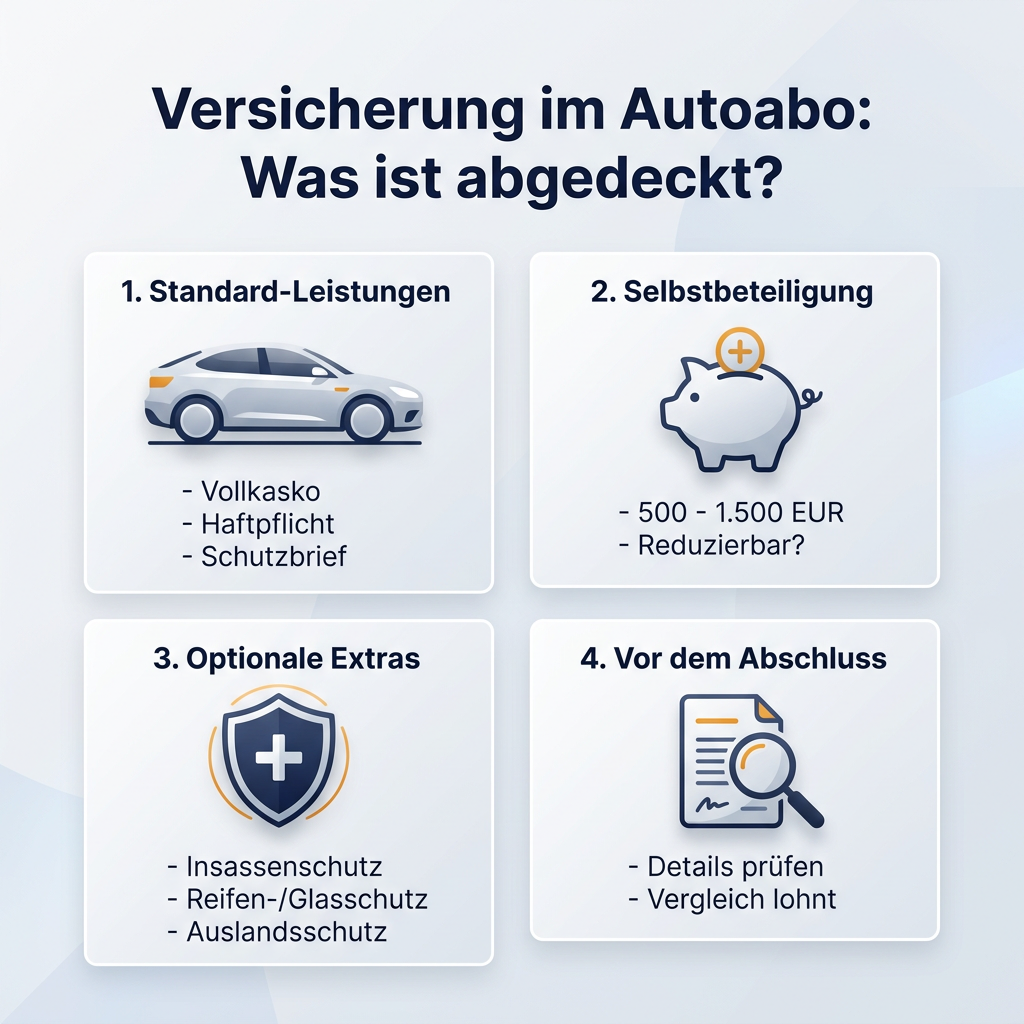 Infografik: Übersicht zu wichtigen Aspekten der Autoabo-Versicherung, inklusive Standardleistungen, Selbstbeteiligung, optionalen Extras und Hinweisen vor dem Vertragsabschluss.