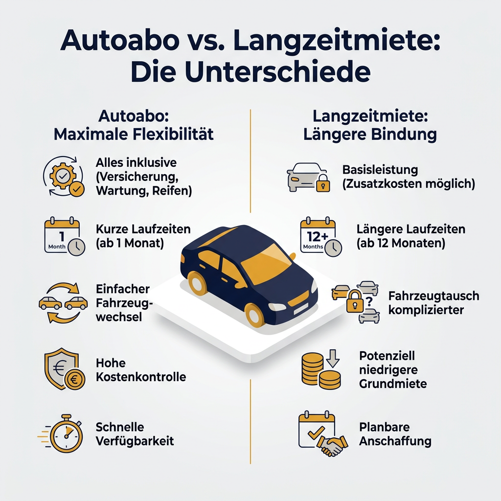 Infografik Vergleich Autoabo und Langzeitmiete mit Vorteilen und Nachteilen beider Modelle. Autoabo bietet All-inclusive-Leistungen, kurze Laufzeiten und hohe Flexibilität. Langzeitmiete hat längere Bindung, Basisleistung und potenziell niedrigere Grundmiete.