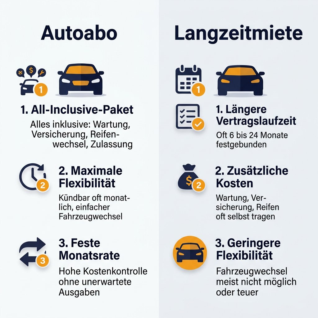 Infografik Vergleich Autoabo und Langzeitmiete mit Vorteilen und Nachteilen beider Modelle für flexible Fahrzeugnutzung.
