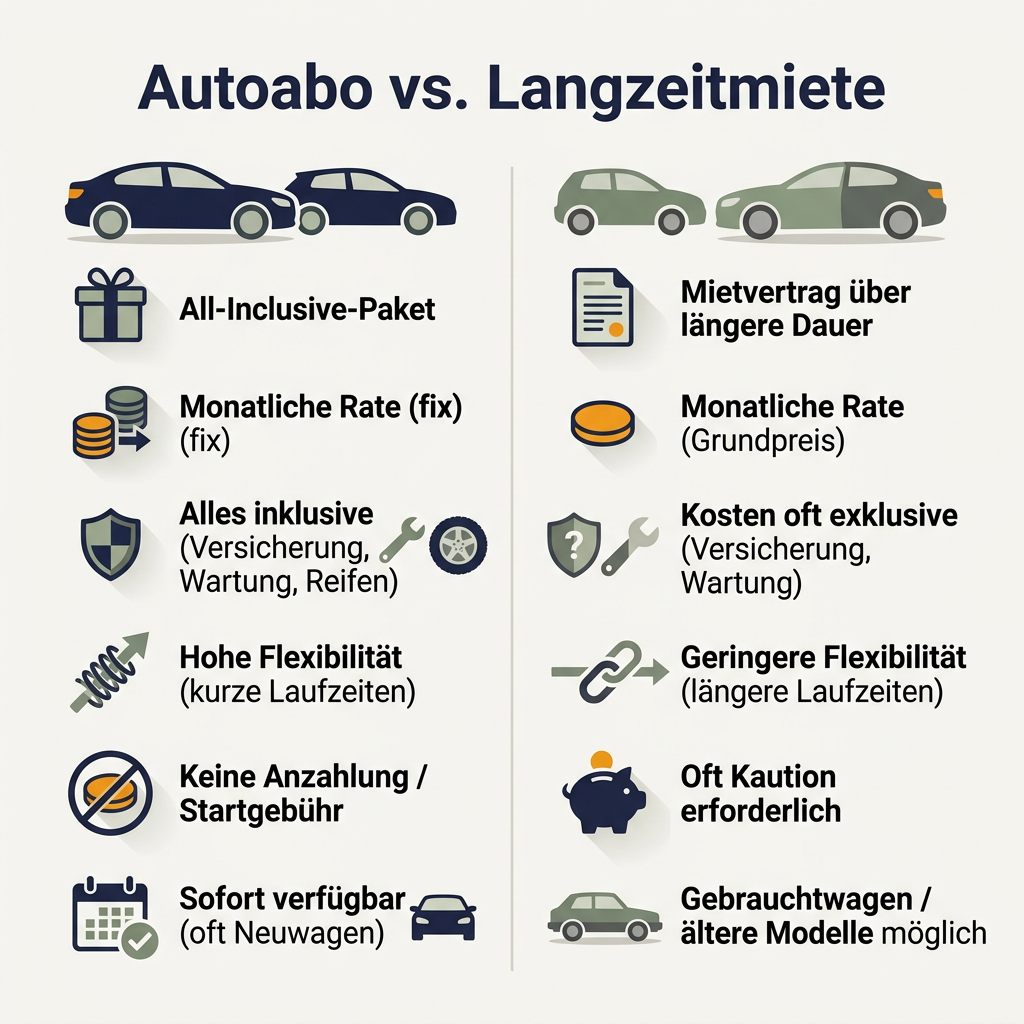 Infografik zum Vergleich von Autoabo und Langzeitmiete, detailliert die Unterschiede bei Inklusivleistungen, Kosten, Flexibilität und Verfügbarkeit.
