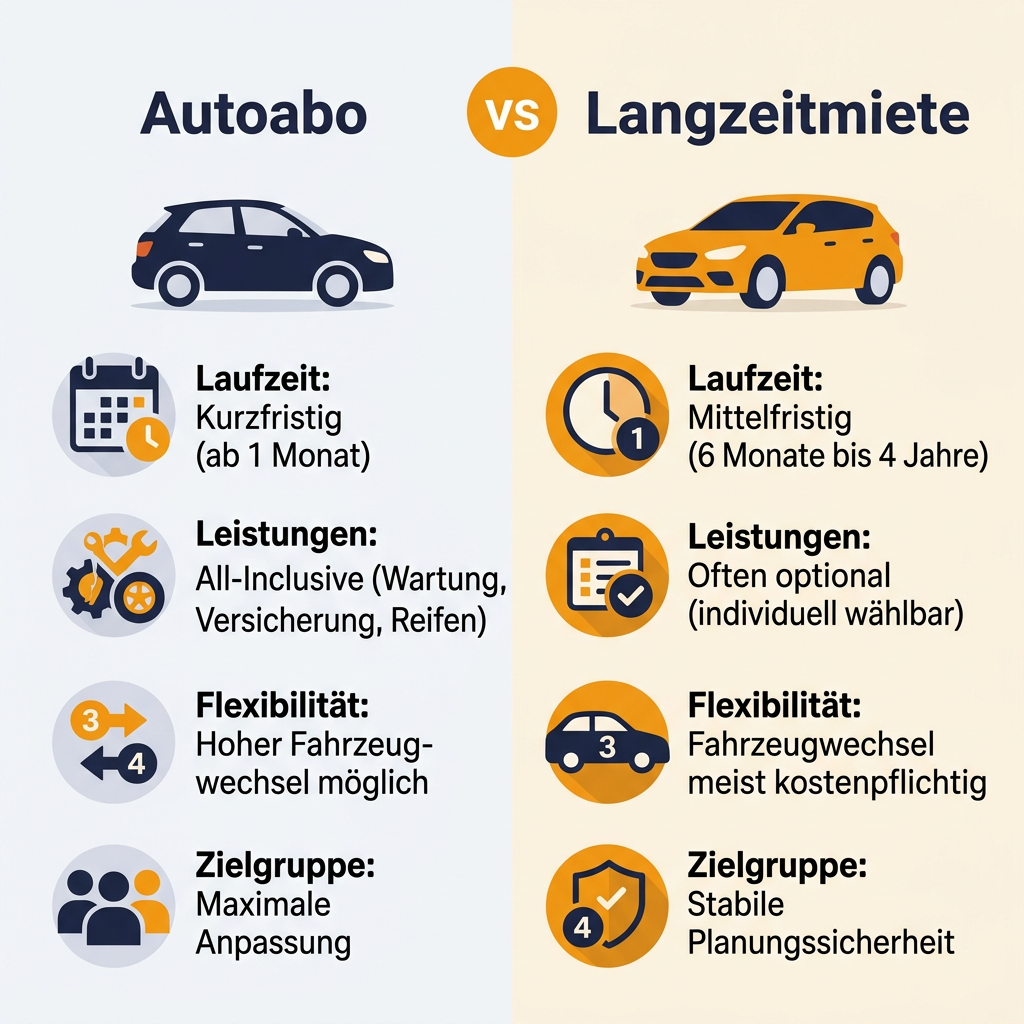 Infografik Vergleich Autoabo und Langzeitmiete mit Fokus auf Laufzeit, Leistungen, Flexibilität und Zielgruppen