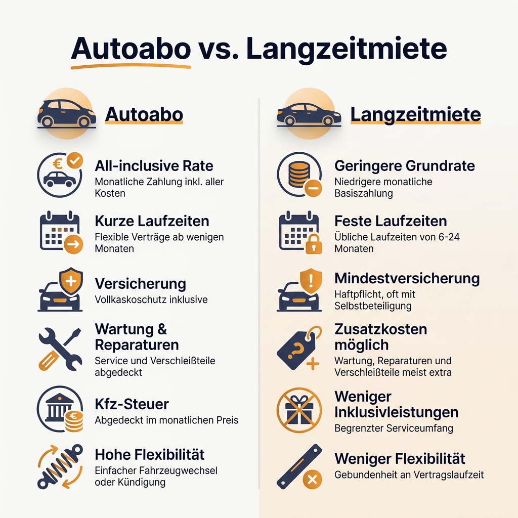 Infografik Vergleich Autoabo und Langzeitmiete: Darstellung der Unterschiede bei Kosten, Inklusivleistungen und Flexibilität für moderne Mobilität.