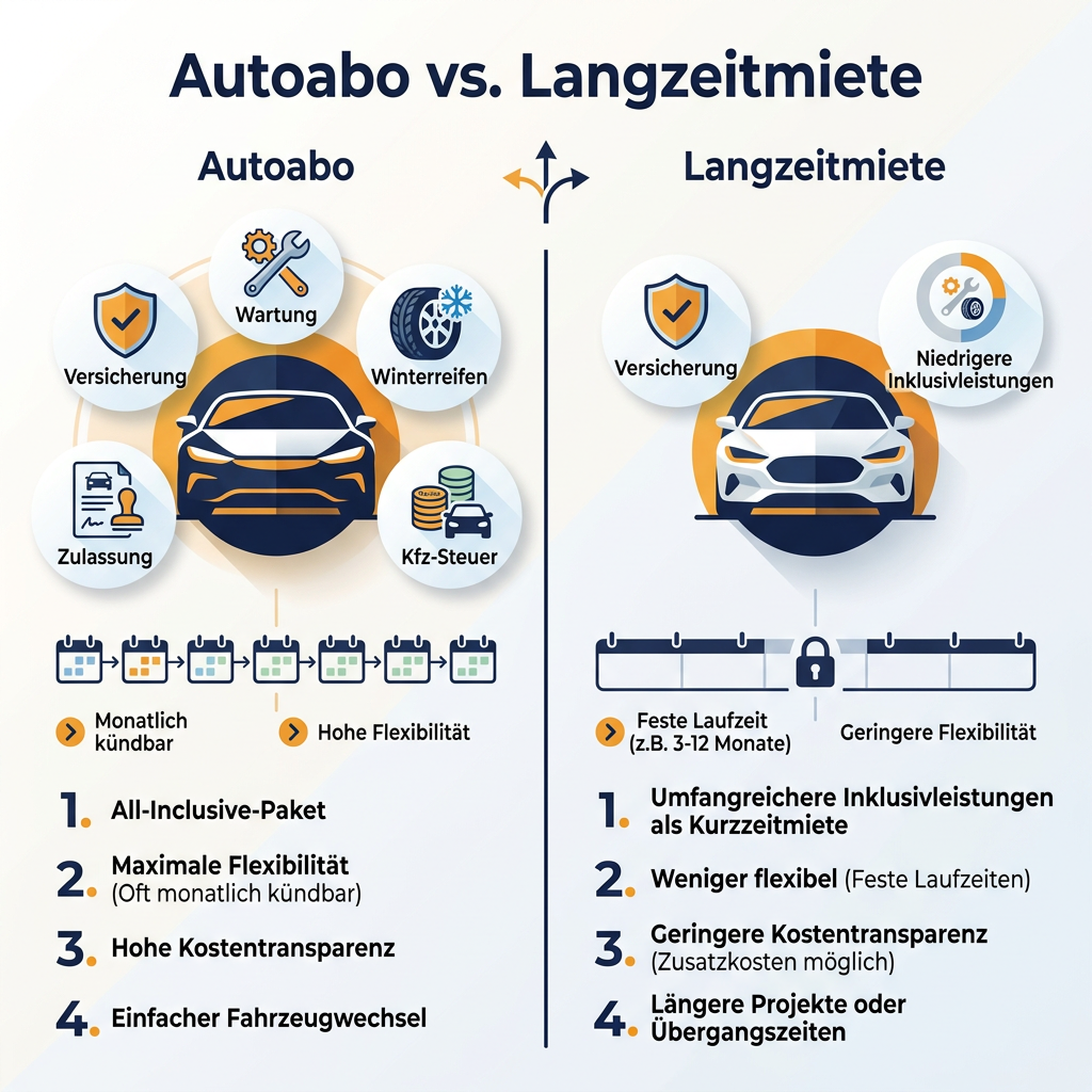 Infografik: Autoabo und Langzeitmiete im direkten Vergleich Infografik zum Vergleich von Autoabo und Langzeitmiete, zeigt Unterschiede in Inklusivleistungen, Flexibilität und Kostenübersicht.