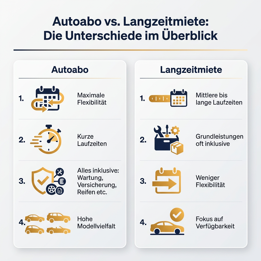 Infografik: Vergleich Autoabo und Langzeitmiete mit Fokus auf Flexibilität, Laufzeiten, Inklusivleistungen und Modellvielfalt sowie Verfügbarkeit für verschiedene Fahrzeugnutzungen.