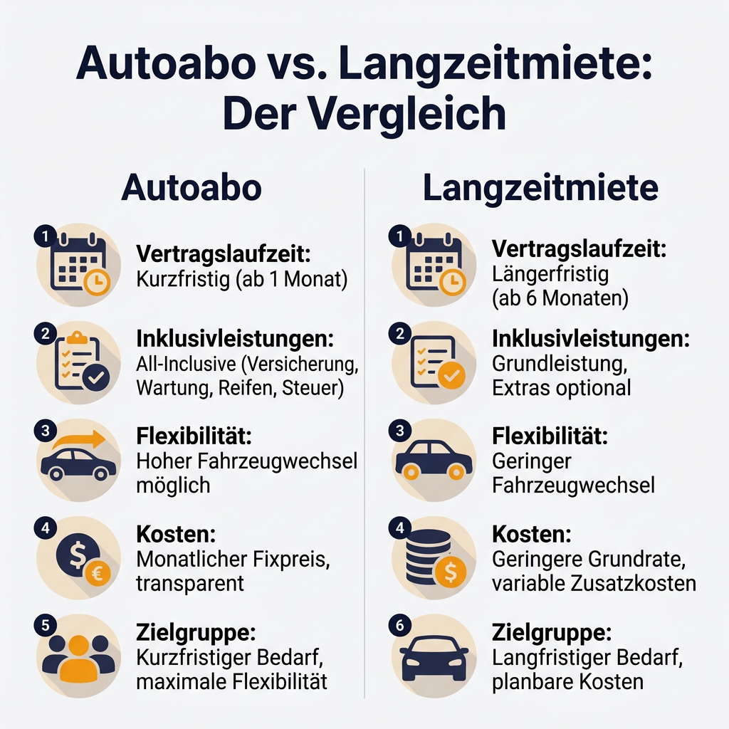 Infografik Vergleich Autoabo und Langzeitmiete: Unterschiede in Vertragslaufzeit, Inklusivleistungen, Flexibilität, Kosten und Zielgruppe.