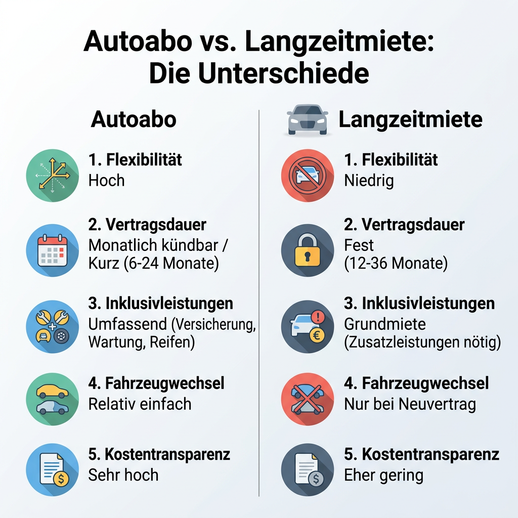 Infografik Vergleich Autoabo und Langzeitmiete: Zeigt Unterschiede in Flexibilität, Vertragsdauer, Inklusivleistungen, Fahrzeugwechsel und Kostentransparenz.