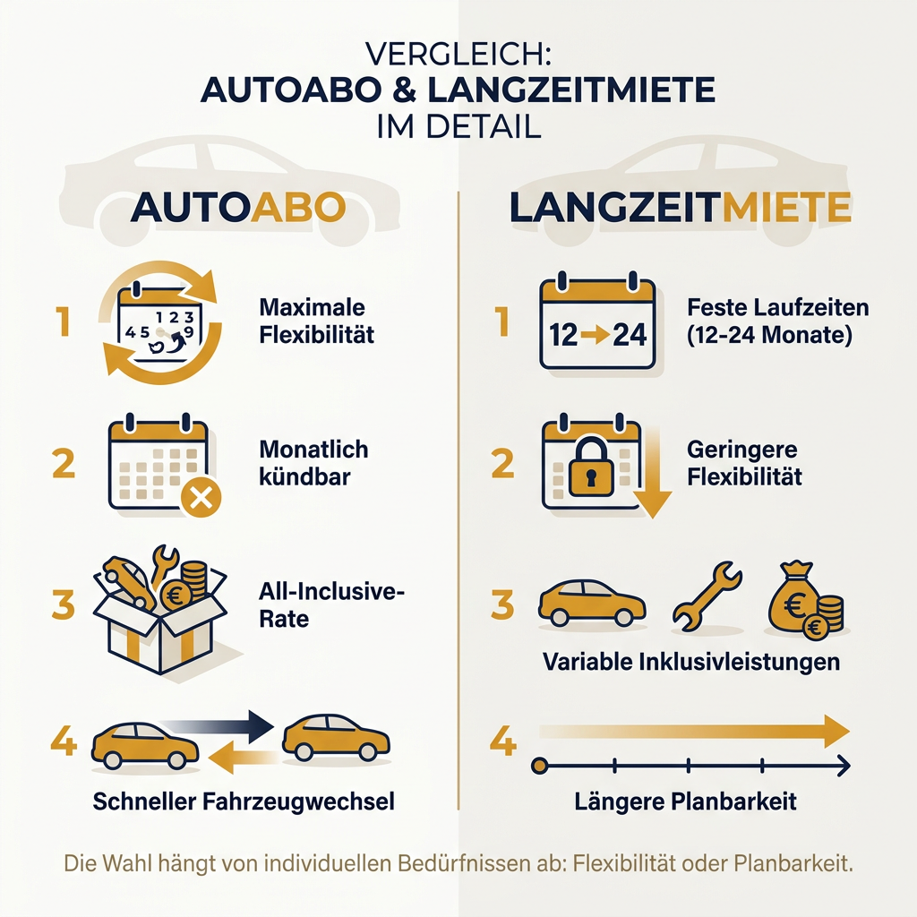 Infografik Vergleich: Autoabo vs. Langzeitmiete, zeigt Unterschiede in Flexibilität, Kündbarkeit, Inklusivleistungen und Planbarkeit. Hauptkeywords: Autoabo, Langzeitmiete, Flexibilität, Kosten.