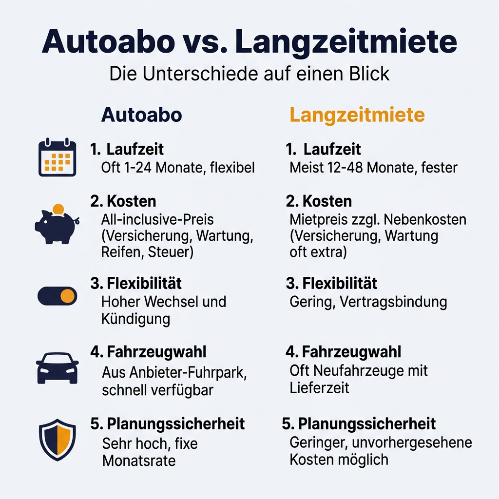 Infografik Vergleich Autoabo und Langzeitmiete mit Details zu Laufzeit, Kosten, Flexibilität, Fahrzeugwahl und Planungssicherheit.