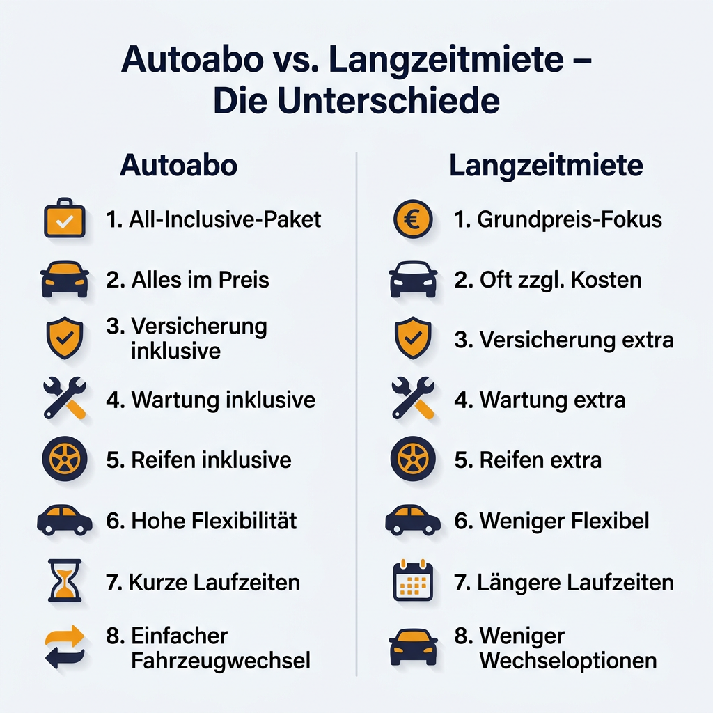 Infografik Vergleich Autoabo und Langzeitmiete: Darstellung der Unterschiede bei Kosten, Inklusivleistungen, Flexibilität und Vertragsgestaltung für moderne Mobilitätslösungen.
