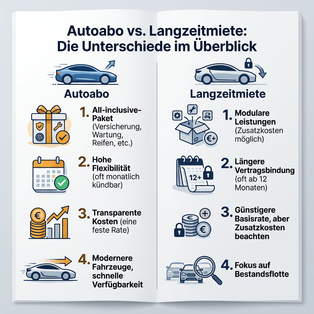 Infografik Vergleich Autoabo und Langzeitmiete: Leistungen, Flexibilität, Kosten, Fahrzeugverfügbarkeit.