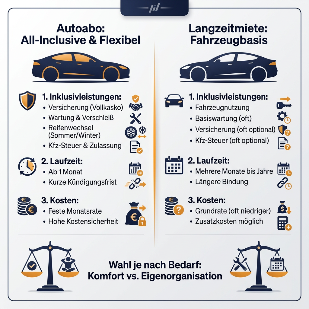 Infografik zum Vergleich von Autoabo und Langzeitmiete, die Inklusivleistungen, Laufzeiten und Kostenstrukturen beider Mobilitätsmodelle gegenüberstellt.