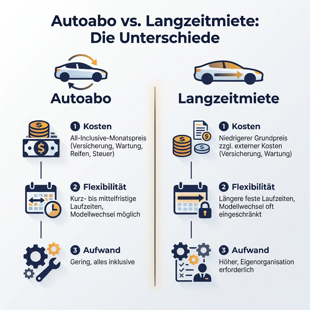 Infografik Vergleich Autoabo und Langzeitmiete: grafische Darstellung der Unterschiede bei Kosten, Flexibilität und Aufwand für beide Mobilitätslösungen.