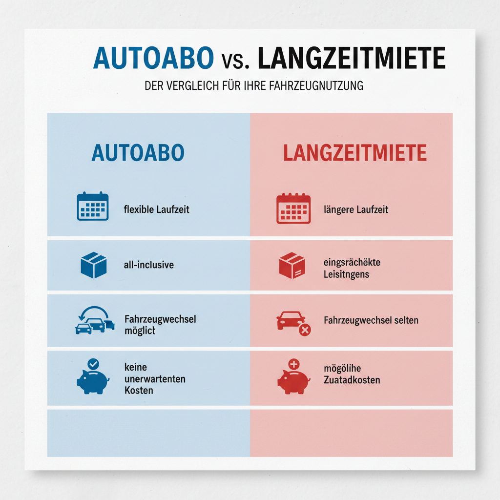 Infografik: Vergleich der Unterschiede zwischen Autoabo und Langzeitmiete, mit Fokus auf flexible Laufzeiten, Inklusivleistungen, Fahrzeugwechsel und Kostenkontrolle.