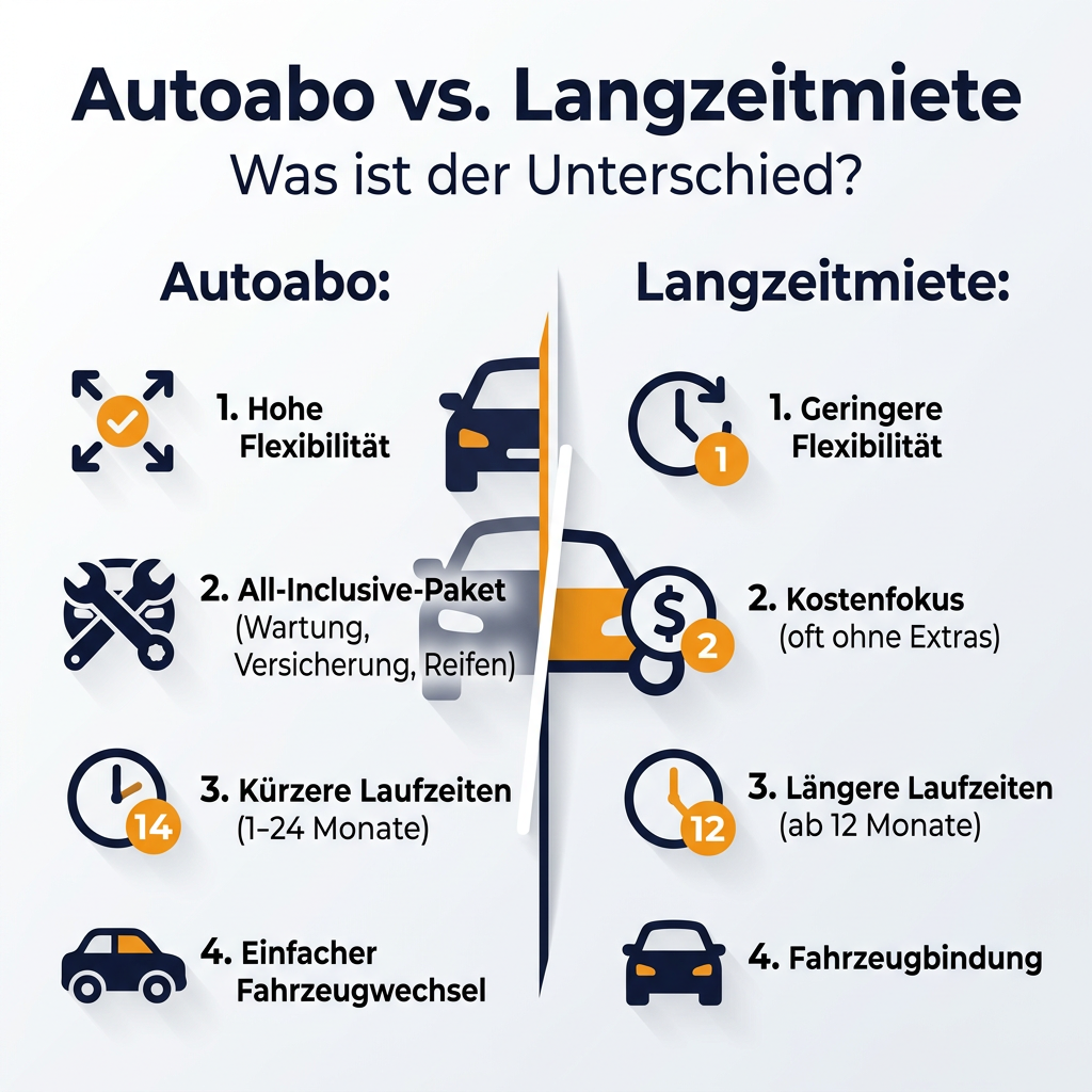 Infografik zum Vergleich von Autoabo und Langzeitmiete, mit Details zu Flexibilität, Kosten und Laufzeiten für beide Mobilitätsformen.