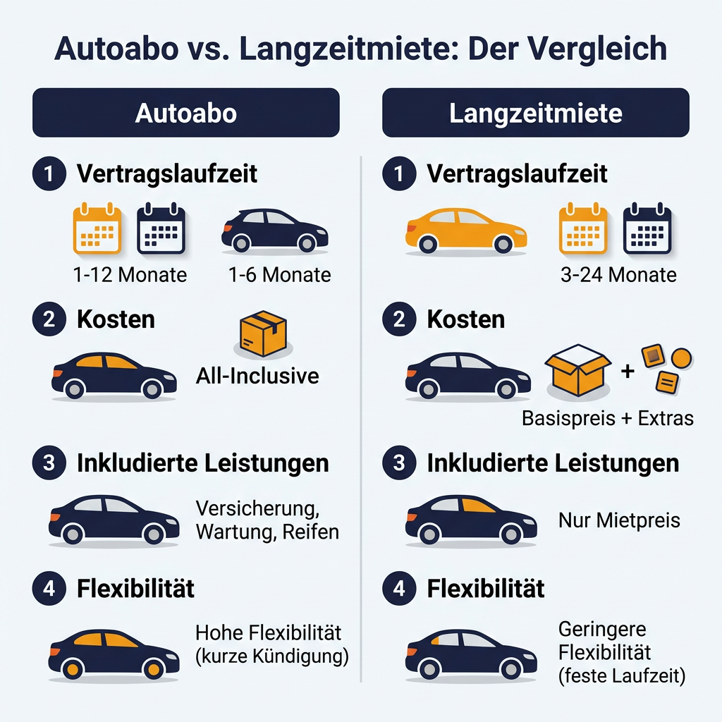 Infografik Vergleich Autoabo und Langzeitmiete: Unterschiede in Vertragslaufzeit, Kosten, Inklusivleistungen und Flexibilität.