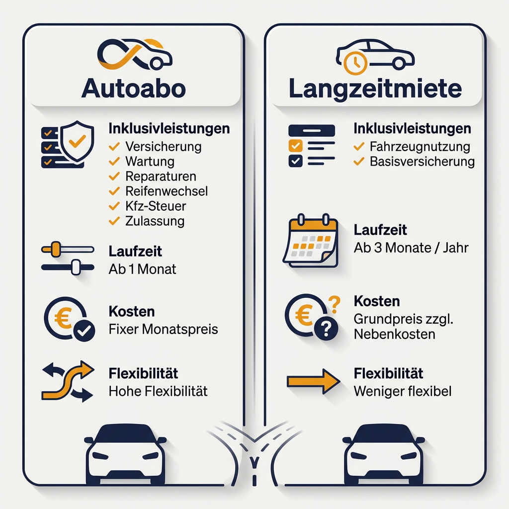 Vergleich: Autoabo vs. Langzeitmiete – Die wichtigsten Unterschiede Infografik Vergleich Autoabo und Langzeitmiete: Inklusivleistungen, Laufzeiten, Kosten und Flexibilität detailliert gegenübergestellt.