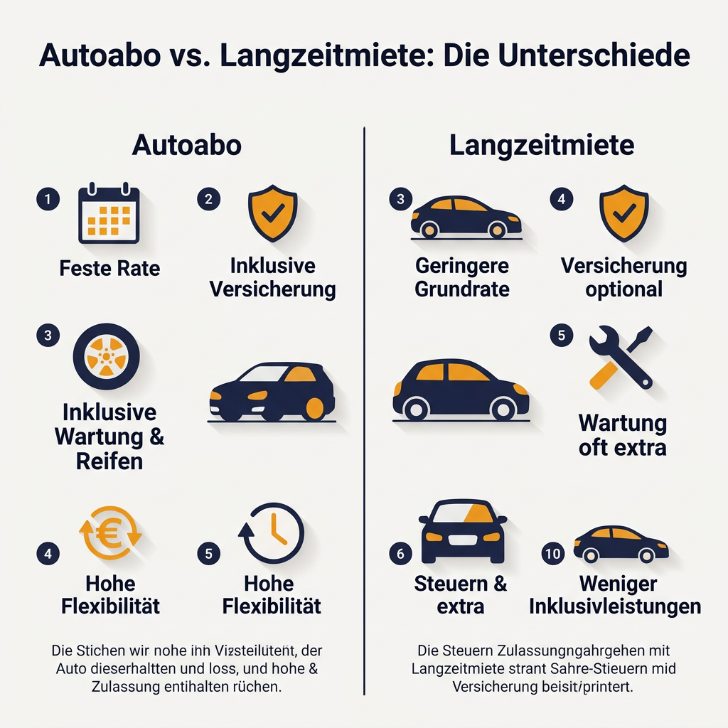 Infografik Vergleich Autoabo und Langzeitmiete mit Hauptunterschieden bei Kosten, Flexibilität und Inklusivleistungen